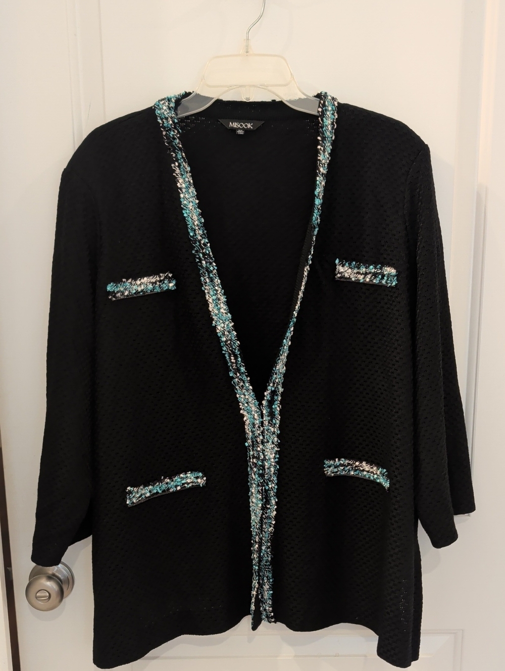 Misook Black Open-Front Jacket with Teal & White Trim